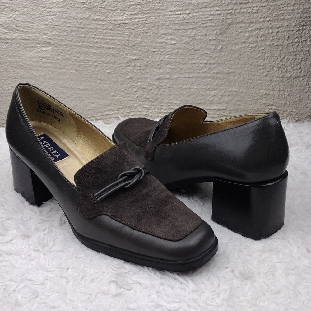 Andrea Viccaro Dark Grey Leather Suede Upper Square Toe Blocked High Heel Shoe